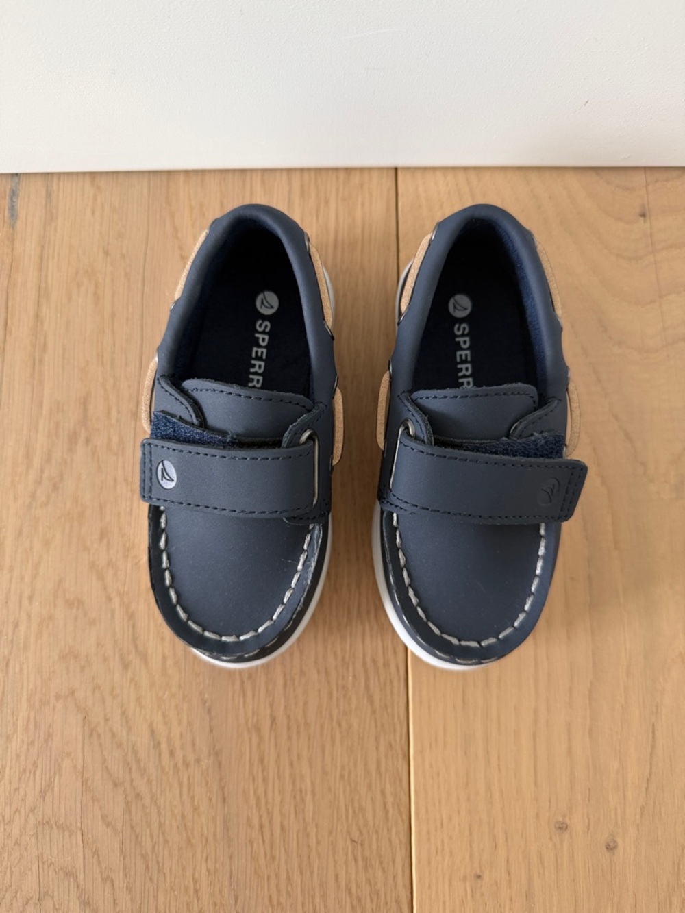 Sperry Kids Navy and Tan Hook-and-Loop Boat Moccasins